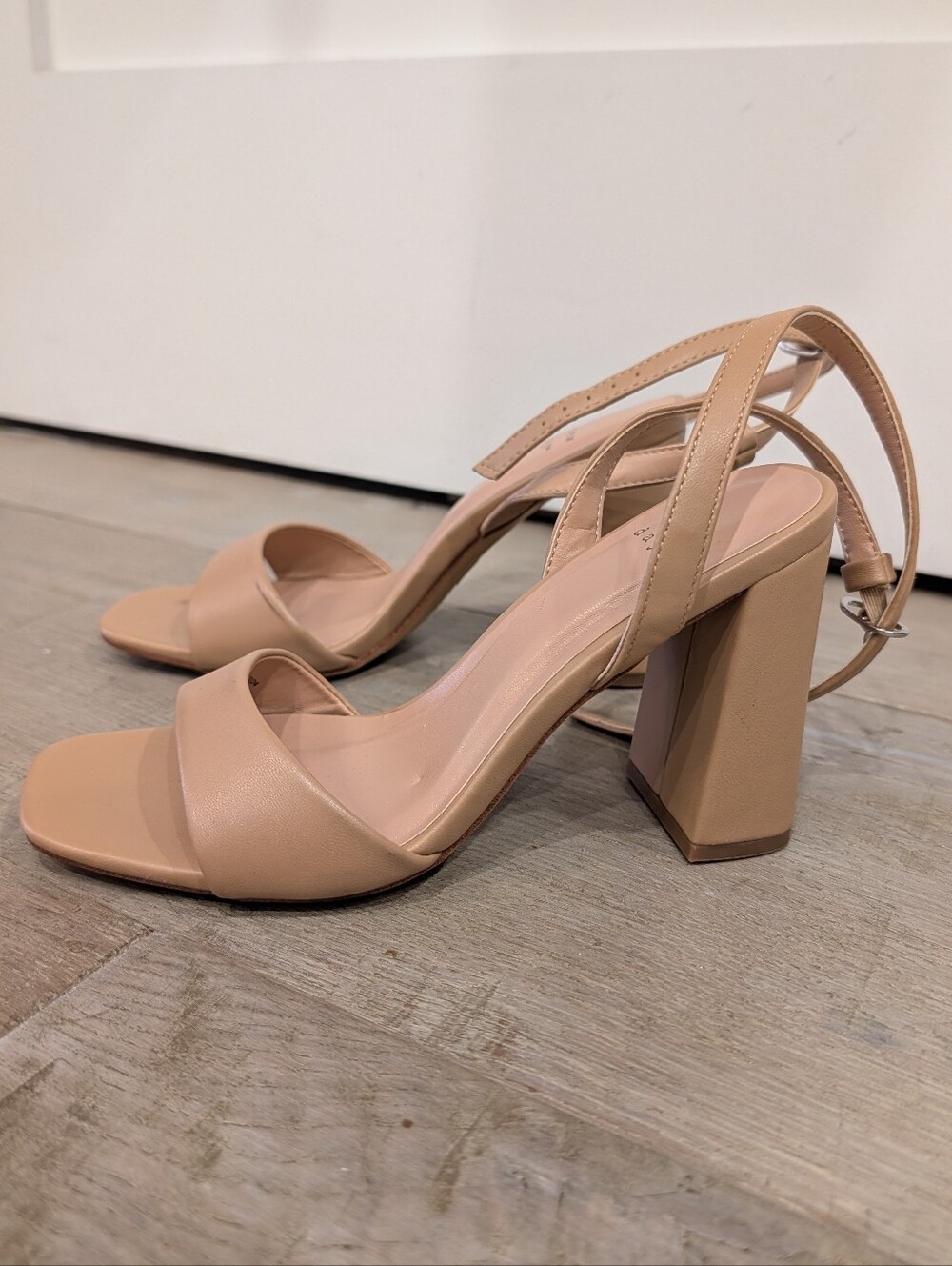 A New Day - Nude Open Toe Block Heel Sandals (3.5 Inches) Size 6, Ankle Straps
